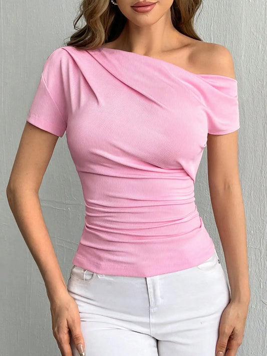 Pure Wind Oblique Shoulder Short-sleeved T-shirt Women's Summer Design Sense Slim-fit Off-shoulder Clothing Looks Thin