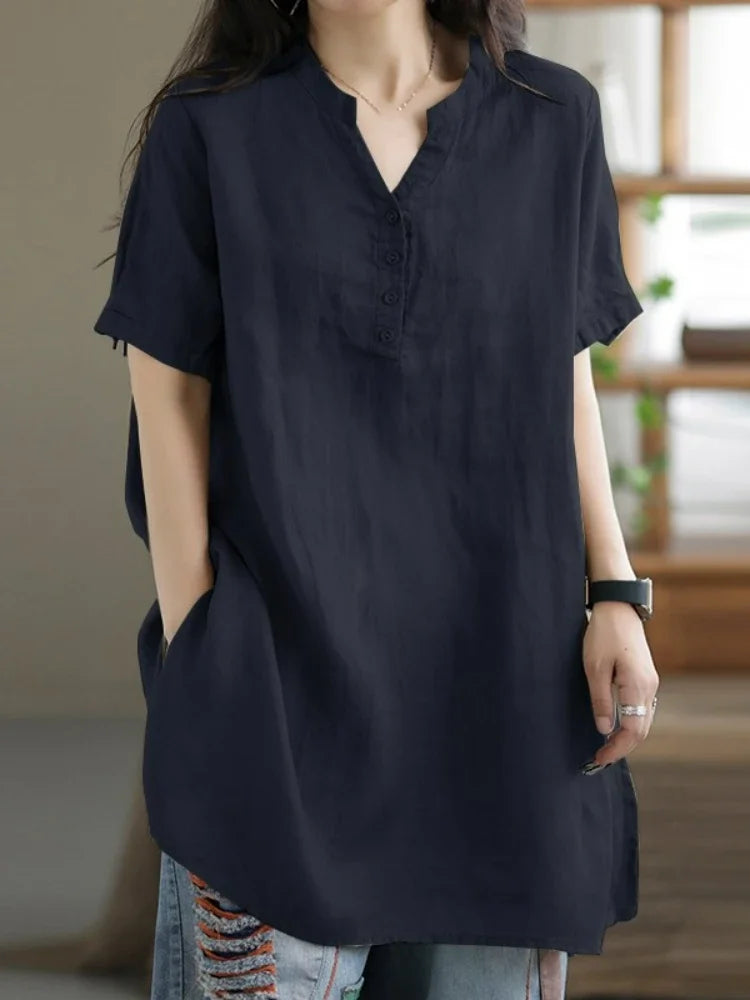 2024 Summer Fashion Cotton and Hemp Women's Shirt Commuting Style Casual Half Open Short Sleeve Casual Shirt Top navy blue
