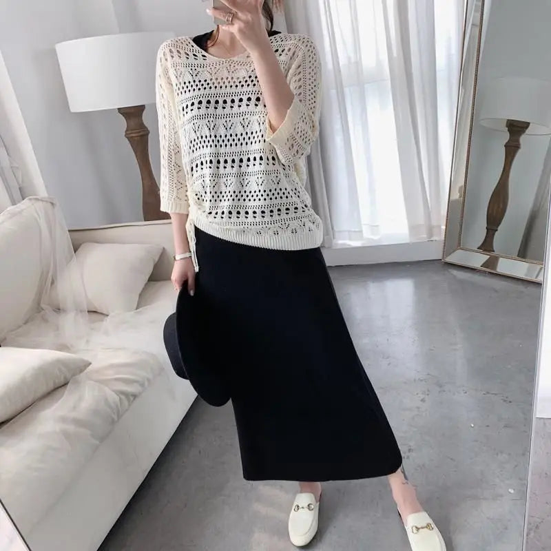 Hook Flower Hollow V-Neck Knitted Short Sleeve Pullover Sweater Loose Black Modal Sleeveless Vest Dress Sets Two Piece Set 2024