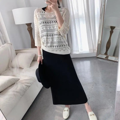 Hook Flower Hollow V-Neck Knitted Short Sleeve Pullover Sweater Loose Black Modal Sleeveless Vest Dress Sets Two Piece Set 2024