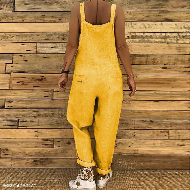 Linen Overalls Jumpsuit Women Casual Print Sleeveless Summer Loose Female Suspenders Straight Leg Fashion New Streetwear