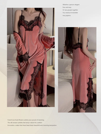 Women Warm Velour Homewear Long Kimono Robe Cami Sleepwear Burgundy Bathrobe Set Sexy Nightgown Winter Robe Suit Loungewear