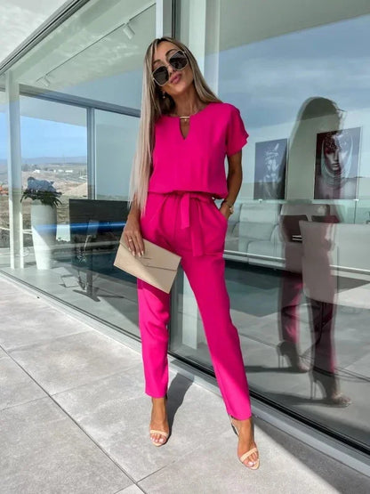 Jumpsuit Women 2023 Solid Color Short Sleeve V-neck Pocket Lace-up Pencil Long Pants Jumpsuits Summer Outfits Bodysuits Badiee Stylez