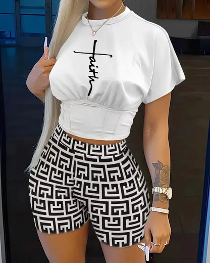 Women Two Piece Short Sets Round Neck Crop Tops Pullovers High Waist Shirts Elastic Waist Shorts Matching Sets Y2k Summer white