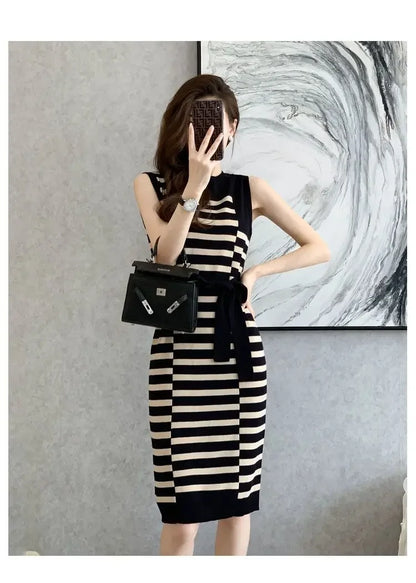 2025 Summer New Over-knee Long Temperament Slim Waist Vest Sleeveless Slim Striped Knitted Dress