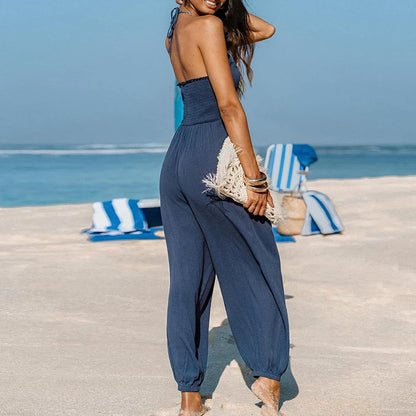 Sexy Deep V-neck Pleated Women Jumpsuit 2025 Spring Fashion Solid Pocket Romper Playsuit Summer Hollow Backless Lace-up Overalls