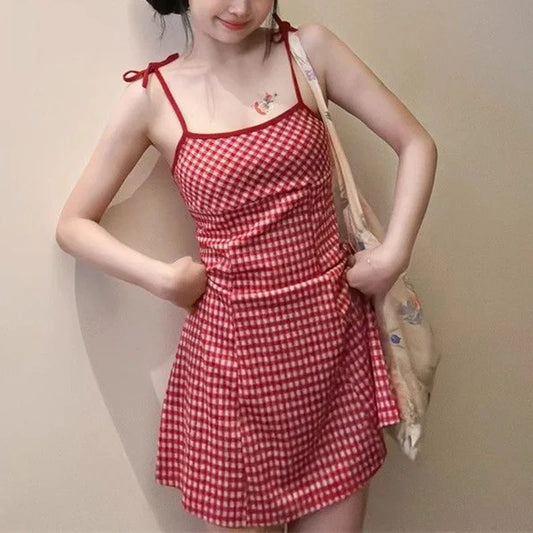 Summer Girls Sweet Red Plaid Slip Dress Lady Korean Designer Bowknots Slim Fit Skirts Female Beach Vacation A-line Short Dress Red Plaid