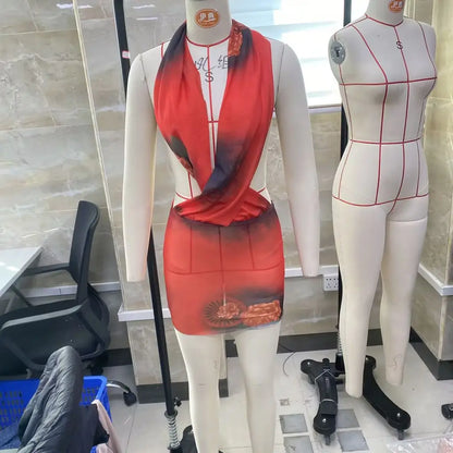 Combhasaki Womens Summer Beachwear Y2K Halter Deep V-Neck Sleeveless Backless Flower Tie-dye Print Bodycon Slim Short Mini Dress