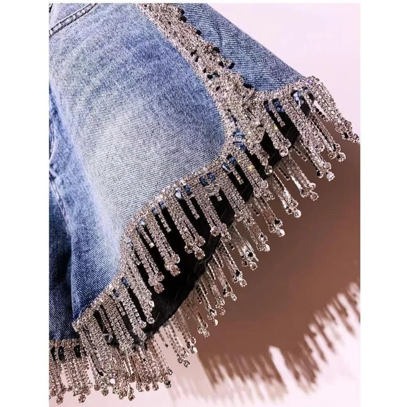 Sexy Wimen Rhinestones Fringed High Waist Hot Drilling Denim Shorts Diamonds Tassels Jeans Hot Pants Chic Crystal Short Trousers
