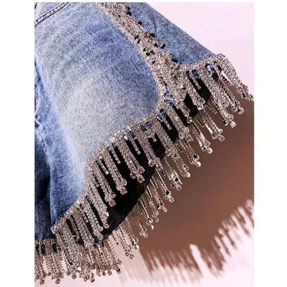 Sexy Wimen Rhinestones Fringed High Waist Hot Drilling Denim Shorts Diamonds Tassels Jeans Hot Pants Chic Crystal Short Trousers
