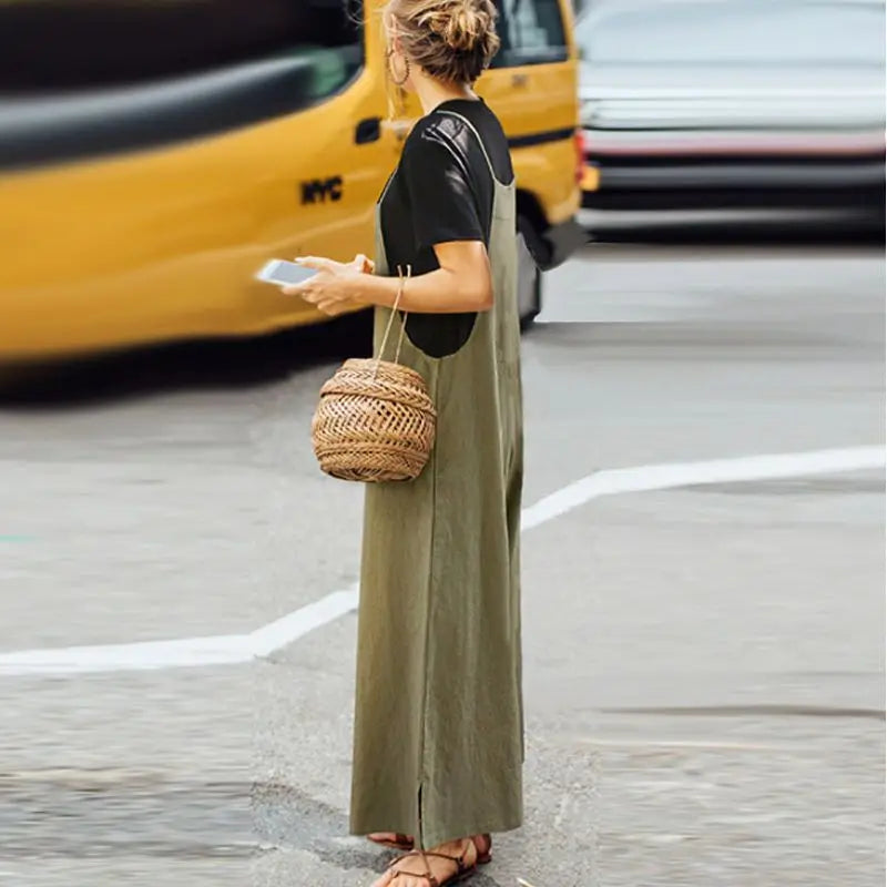 Women's Summer Sleeveless Jumpsuit Solid Color Wide Leg Bib Overalls Casual Loose Cotton Linen Straps Dungaree Badiee Stylez
