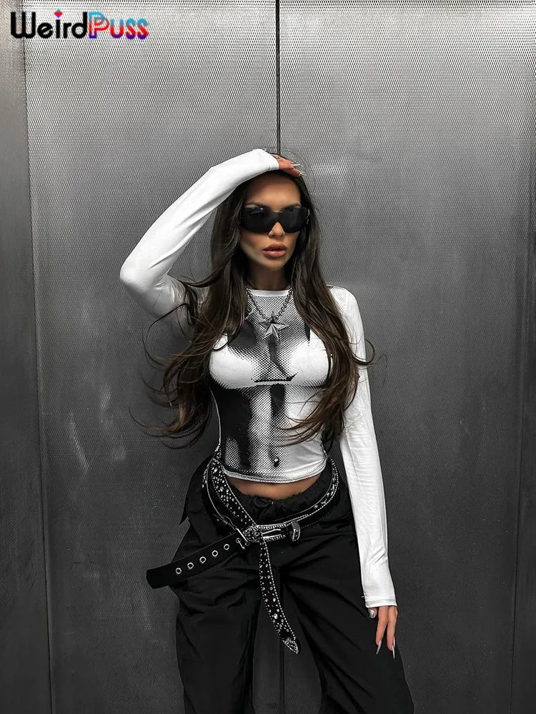 Weird Puss Sexy Print Women Crop Top Long Sleeve O Neck 2023 SpringTrend Skinny Wild Stretchy Vintage Midnight Streetwear Tees