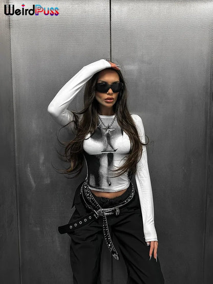 Weird Puss Sexy Print Women Crop Top Long Sleeve O Neck 2023 SpringTrend Skinny Wild Stretchy Vintage Midnight Streetwear Tees