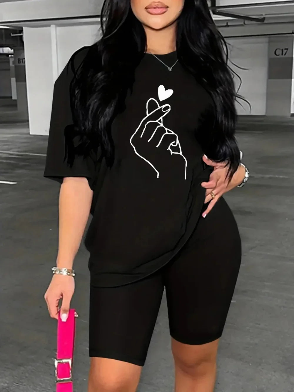 Summer women's hand heart gesture print casual loose round neck short sleeved T-shirt shorts two-piece set Badiee Stylez