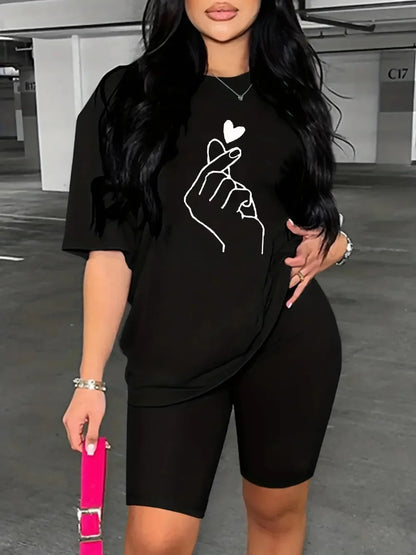 Summer women's hand heart gesture print casual loose round neck short sleeved T-shirt shorts two-piece set Badiee Stylez