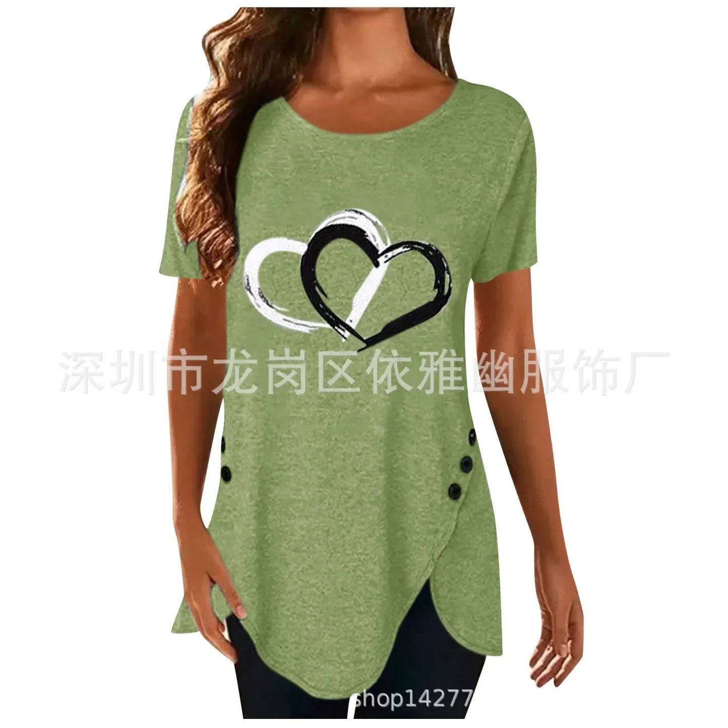 Women's Short-sleeve Heart Printed T-shirt Summer Casual Loose Long Top Tee Shirt Clothing Fashion T Shirt Streewear Oversized green