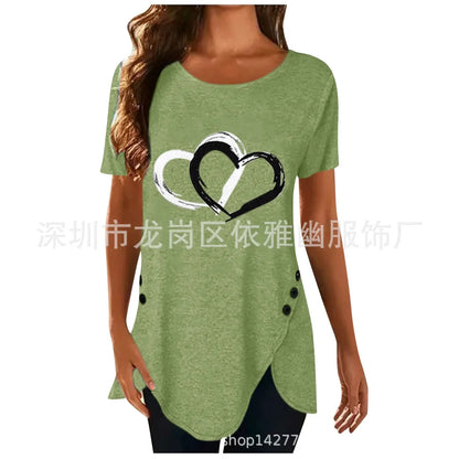 Women's Short-sleeve Heart Printed T-shirt Summer Casual Loose Long Top Tee Shirt Clothing Fashion T Shirt Streewear Oversized green