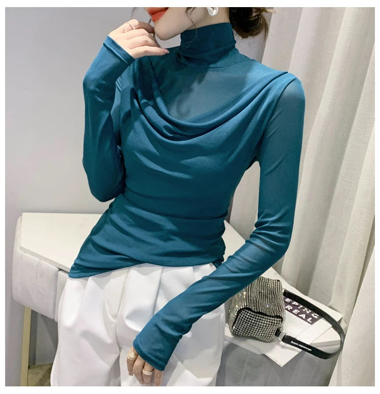Sexy Mesh Basic T-shirts Women 2025 Fashion Turtleneck Casual Long Sleeve Y2k Tops Korean Clothes Woman Black Winter T Shirt 4XL