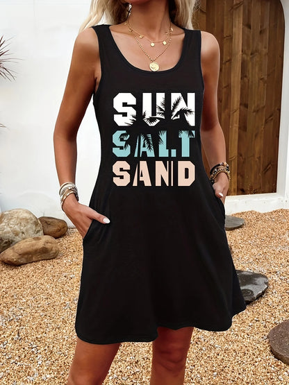 Women's Summer Sleeveless Tank Top Dress Sexy Women's summer loose sleeveless short mini dress with black print