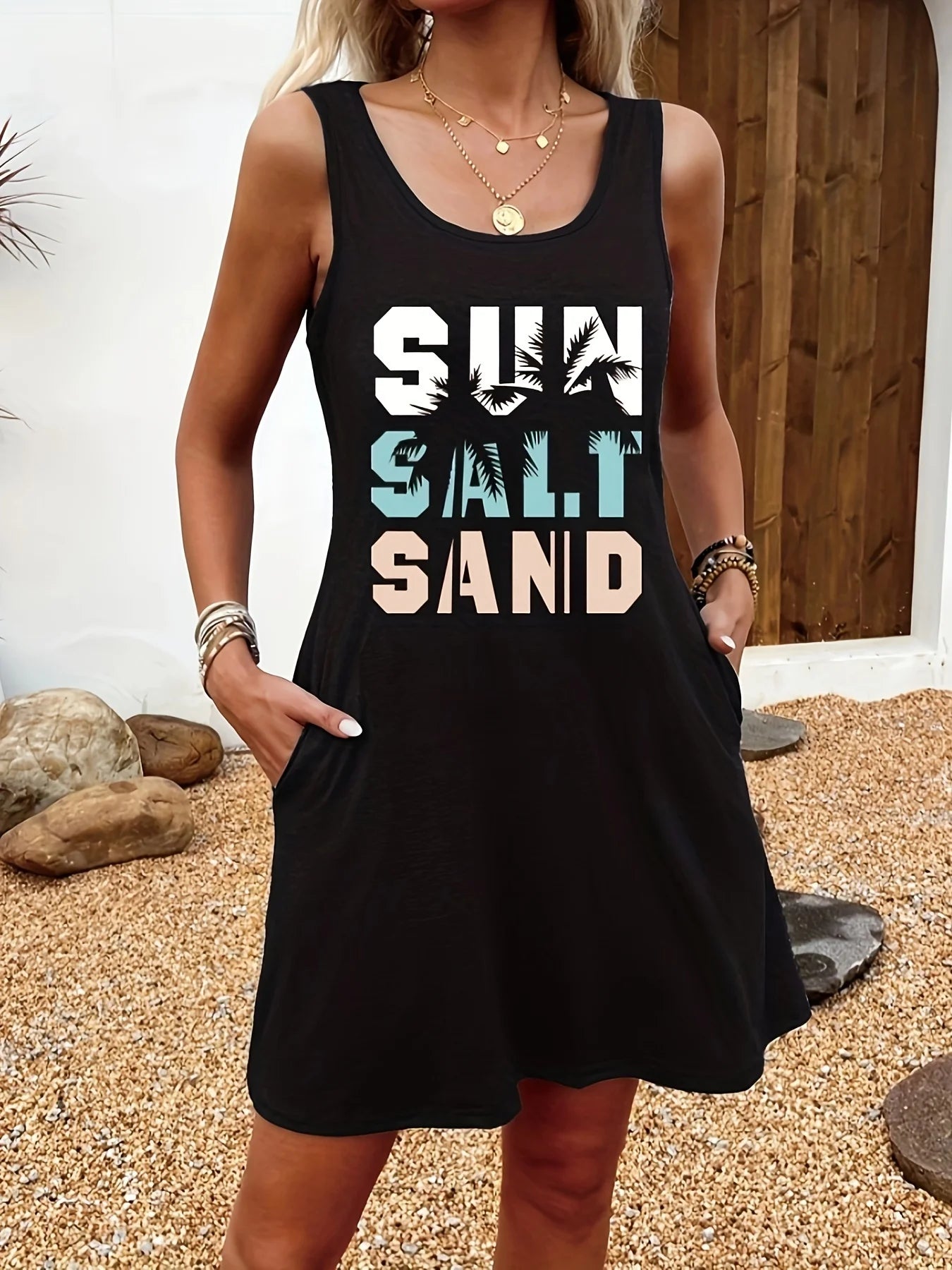 Women's Summer Sleeveless Tank Top Dress Sexy Women's summer loose sleeveless short mini dress with black print