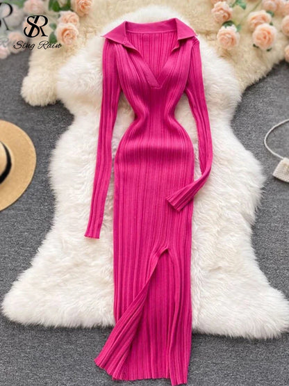 SINGREINY Women Korean Knitted Dress Long Sleeve V Neck Elastic Slim Pencil Dresses 2021 Autumn Sexy Bodycon Split Sweater Dress