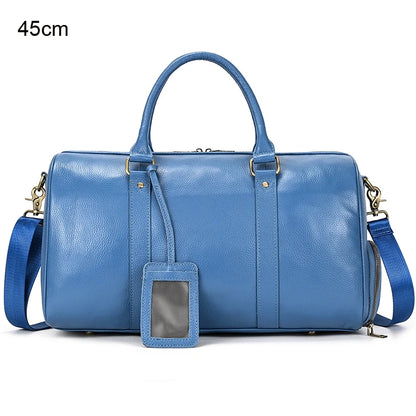 Luxury Genuine Leather Men Women Travel Bag Cow Leather Carry On Luggage Bag Travel Shoulder Bag Male Female Weekend Duffle Bag Blue(45cm)