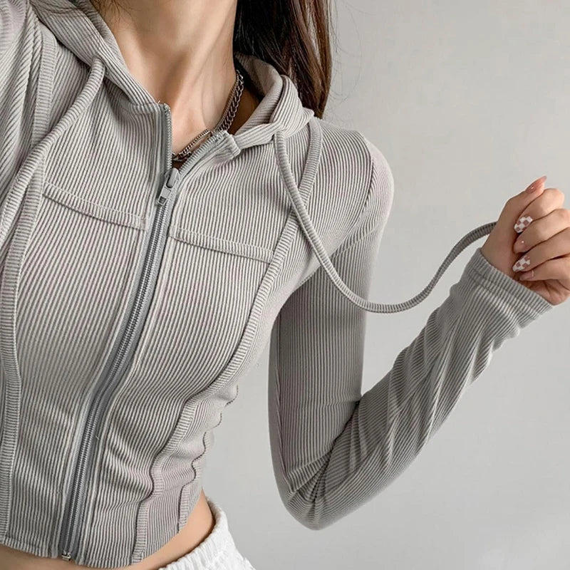 Thin Hooded Cardigan Women Korean Vintage Slim Summer Solid Sports Jacket Vertical Pit Stripe Zipper Female Sexy Cropped Tops GRAY