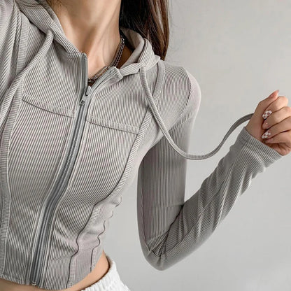 Thin Hooded Cardigan Women Korean Vintage Slim Summer Solid Sports Jacket Vertical Pit Stripe Zipper Female Sexy Cropped Tops GRAY
