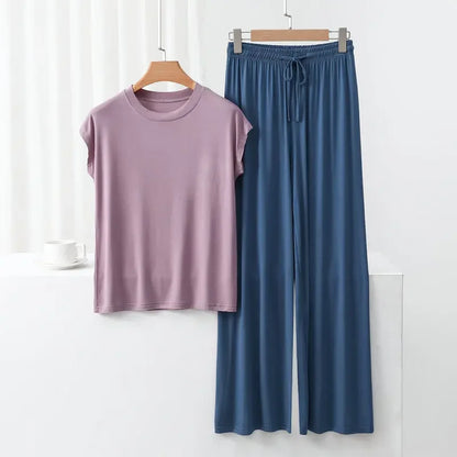 Modal Homewear set O-neck Tshirts short sleeves and Wide leg pants Loose sleepwear Casual streetwear suit all match purpleblue