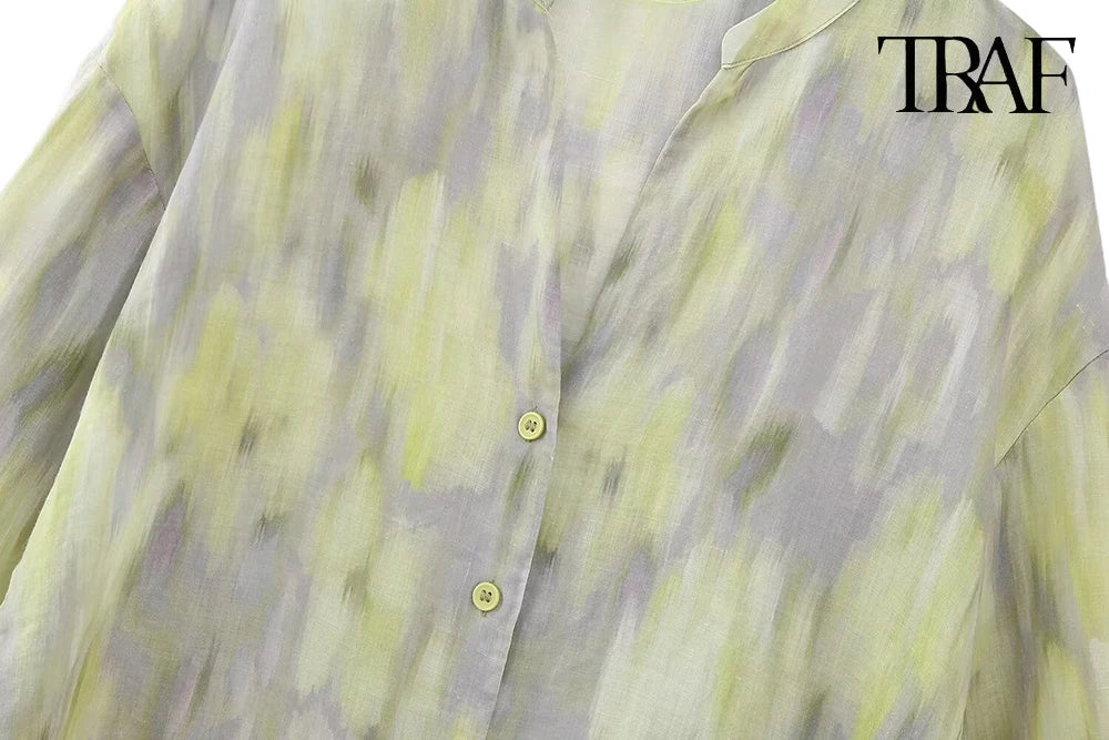 TRAF Women's single-breasted V-neck long-sleeved shirt Drawstring high-waisted wide-legged trousers Retro Printed Cotton Set