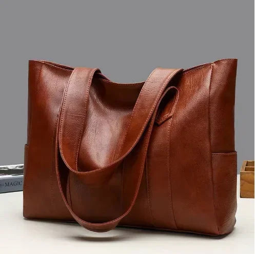 Vintage Large Capacity Tote Bag, Retro Vegan Shoulder Bag, Women's Casual Handbag For Commute ,Trendy Handbag with Soft Leather Dark Brown