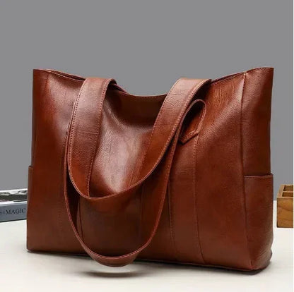 Vintage Large Capacity Tote Bag, Retro Vegan Shoulder Bag, Women's Casual Handbag For Commute ,Trendy Handbag with Soft Leather Dark Brown