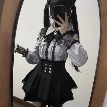 Y2k Aesthetic Lolita Style Bow Dress Shorts Set Japanese Women Gothic Lace Flare Sleeve Button Shirt Dress Punk Party Mini Dress 345 Blue