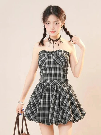 Y2K Plaid Mini Dress Women Vintage Backless Patchwork Slim Dress Summer Sexy Bodycon Strapless Aesthetic Lady Vestidos Badiee Stylez