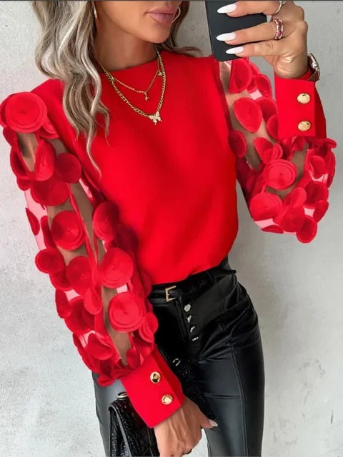 2025 Shirts For Women Fashion Simple O-Neck Red Lace Floral Sheer Mesh Patchwork Pullover female's Blouse red