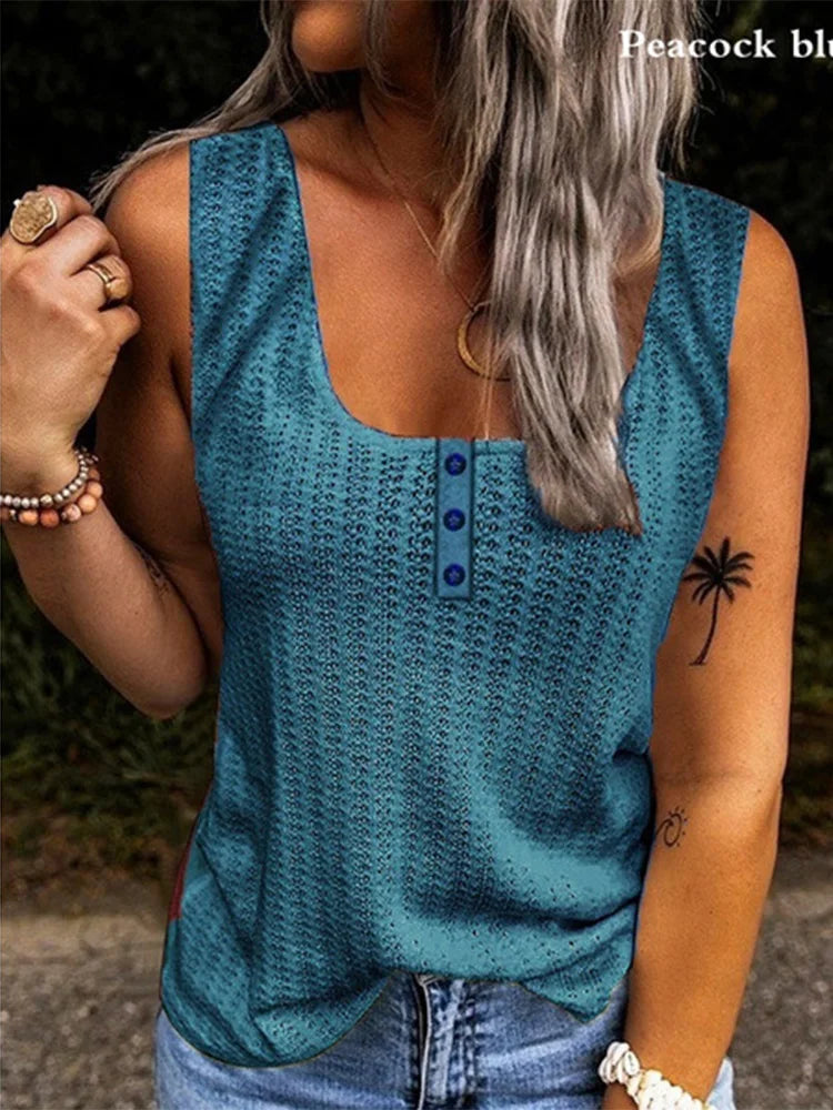 Solid Color Knitted U-Neck Vest Women's Summer Sleeveless Button T-Shirt Casual Tank Top Peacock blue