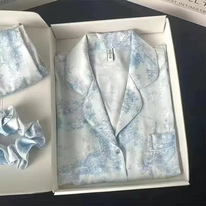 Women's Gray Ink Painting Ice Silk Pajamas Ladies Spring and Autumn Thin Long-Sleeved High-End Sleepwear Loungewear Cherry Print Blue