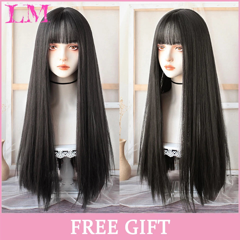 LM Long Silky Straight Synthetic Wigs with Bangs Black Cosplay Party Lolita Hair Wigs for Women Natural Heat Resistant Wig LIANGMO 10