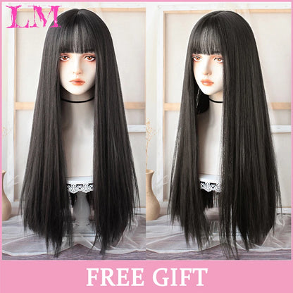 LM Long Silky Straight Synthetic Wigs with Bangs Black Cosplay Party Lolita Hair Wigs for Women Natural Heat Resistant Wig LIANGMO 10