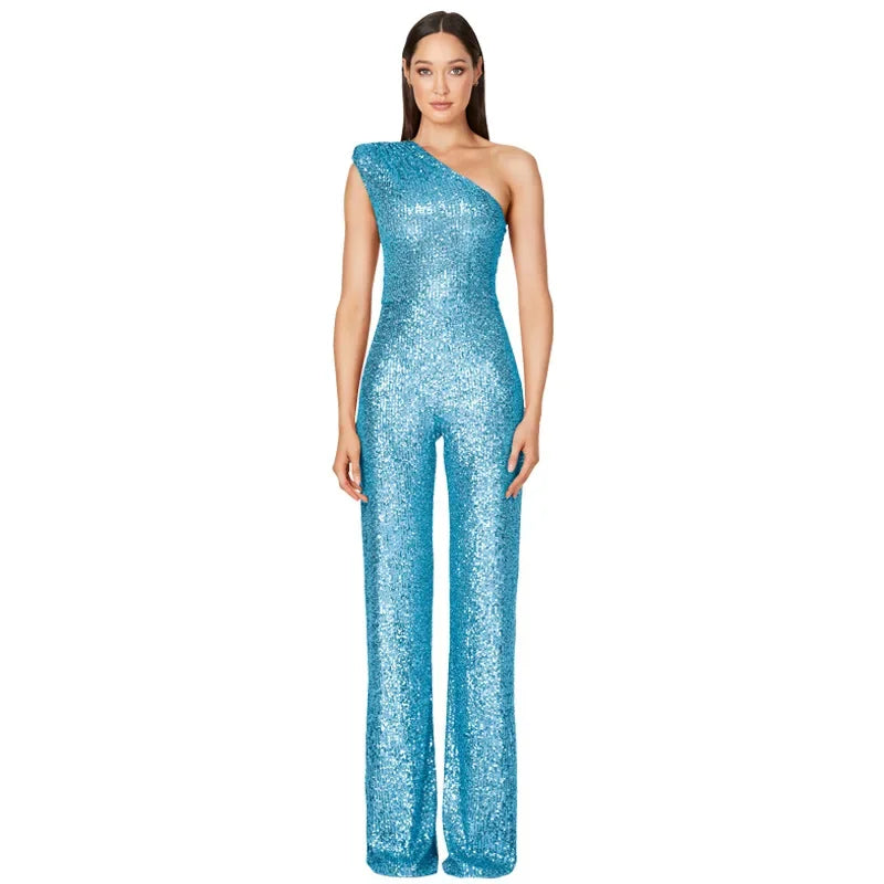 Women Elegant Long Jumpsuits Sexy Glitter Sequin Club Ladies Playsuits Slanted Collar Party Fashion Backless Solid Romper 2024 Badiee Stylez
