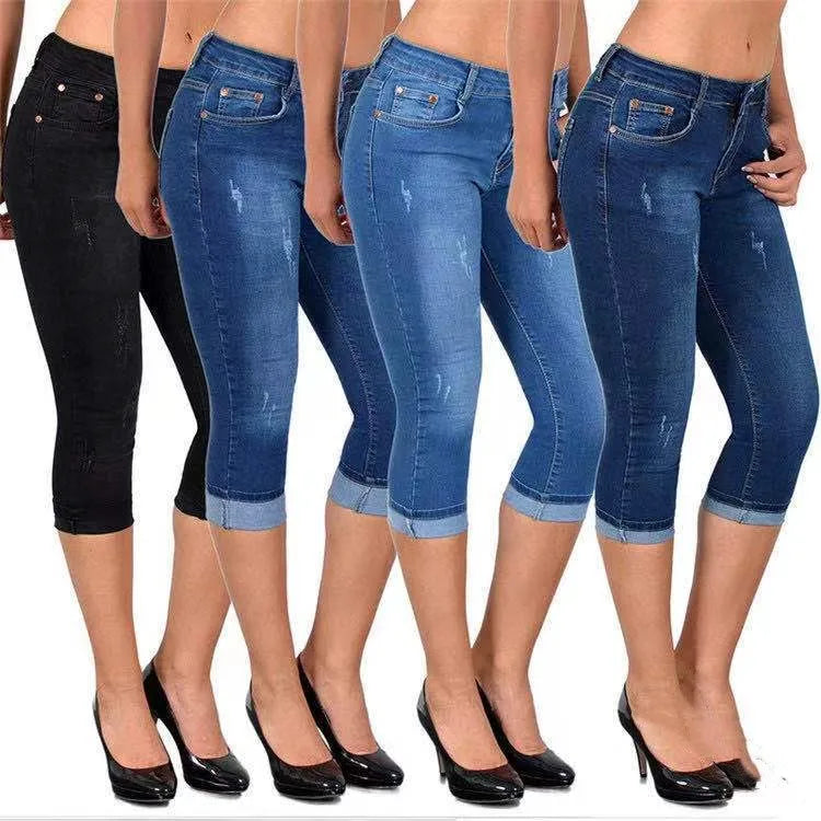 2025 Women's Summer Skinny Denim Pants Jeans Mid Waist Stretch Capri Pants Knee Length Trousers Black Blue Ladies Pencil Pants