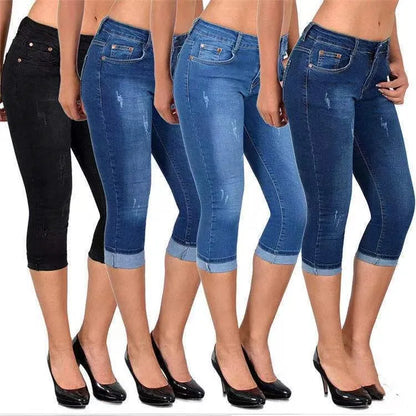 2025 Women's Summer Skinny Denim Pants Jeans Mid Waist Stretch Capri Pants Knee Length Trousers Black Blue Ladies Pencil Pants