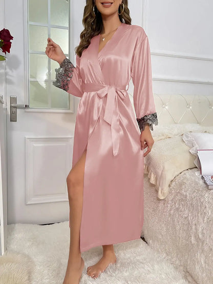 2cs Contrast Lace  Long Sleeve Belted Robe V Neck Slip Dress Sexy Elegant Women Pajamas  Sets