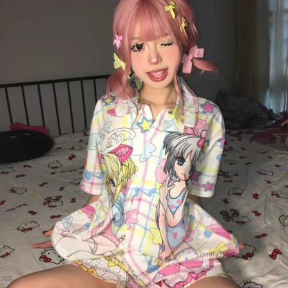 Sweet Soft Y2k Girl Fashion Anime Sleepwear Women's Summer New Cute Cartoon Thin Home Set Japanese Style Harajuku Kawaii Pajamas