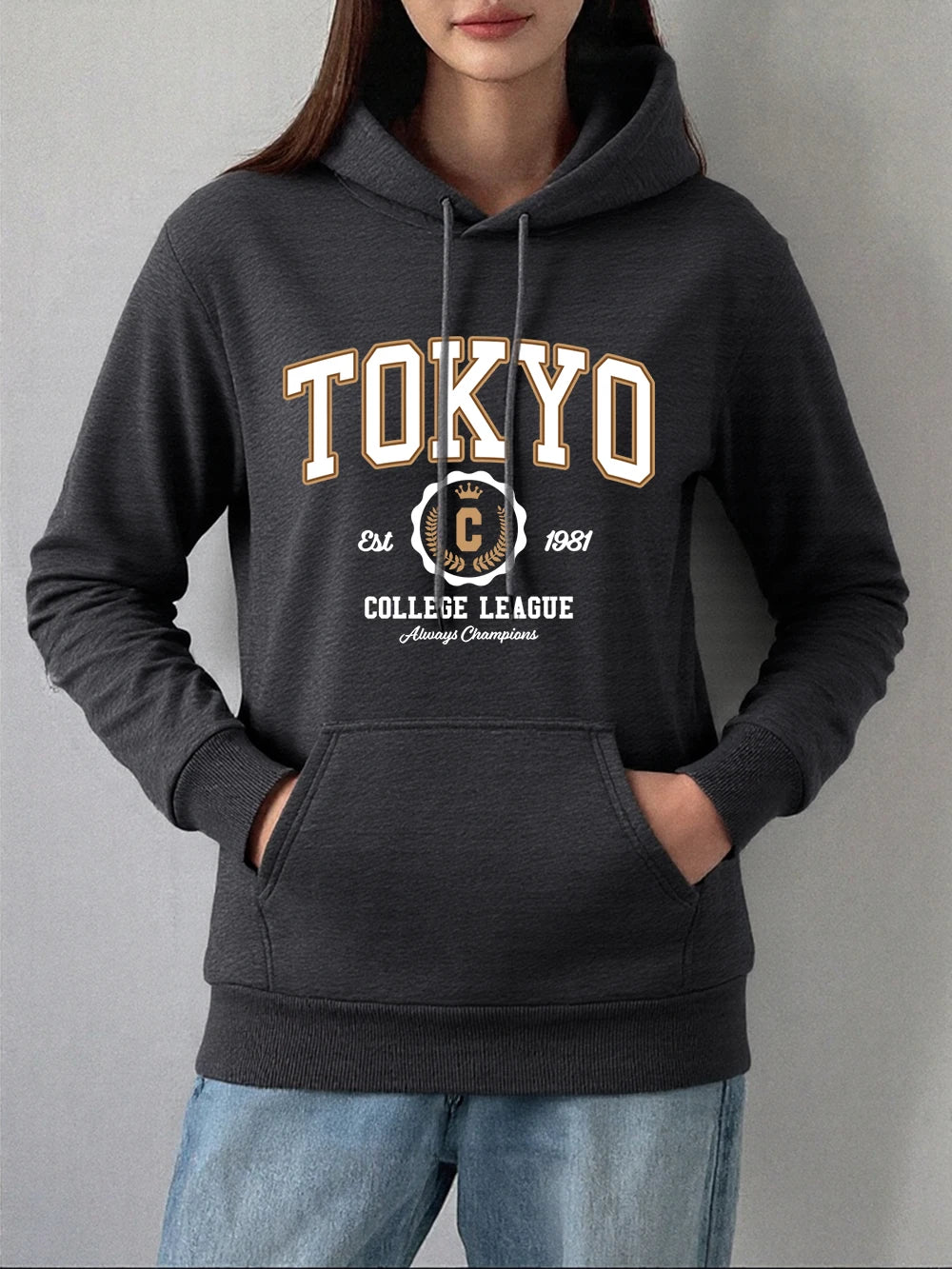 Tokyo College League Prints Hoodie Women Winter Fleece Warm Pullover Basics Pocket Sweatshirt Casual Comfortable Womans Clothes Dark Gray