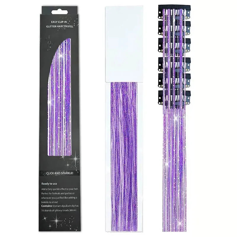 6-Piece Set BB Clip Tinsel Hair Metal Laser Gold Thread PET Laser Thread Highlighting Cross-Border Hair Accessories BB clip laser purple tassel (6 black boxed)