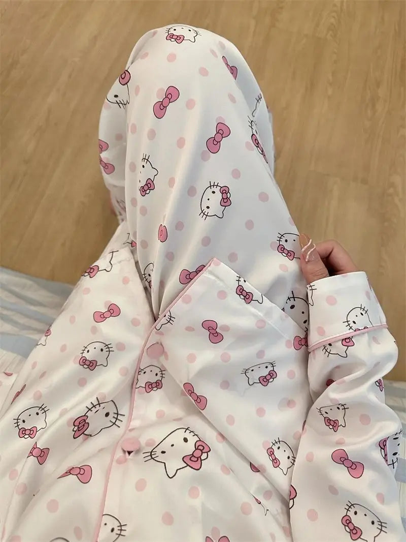 Hello Kitty Women's Sweet Polka Dot Pajama Set - Spring/Fall Long Sleeve & Pants Loungewear, Cute Home & Outdoor Wear