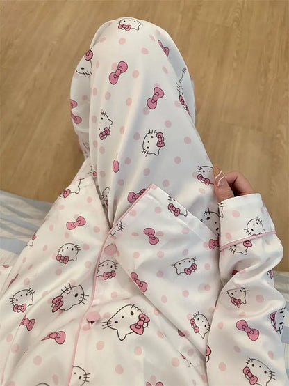 Hello Kitty Women's Sweet Polka Dot Pajama Set - Spring/Fall Long Sleeve & Pants Loungewear, Cute Home & Outdoor Wear