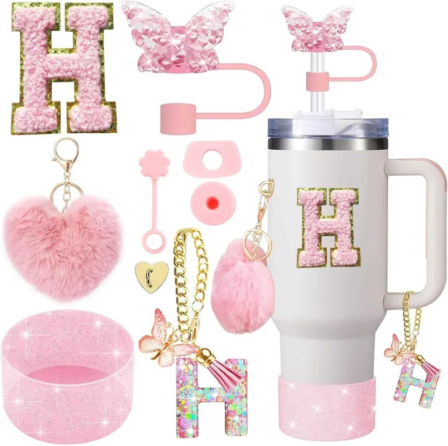 9PCS Accessory Set for Stanley Cup 30oz 40oz Butterfly Straw Cover Cap Silicone Boot Charm Initials Sticker Spill Proof Stopper Badiee Stylez