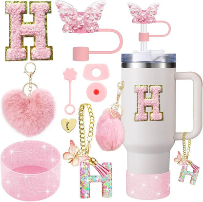 9PCS Accessory Set for Stanley Cup 30oz 40oz Butterfly Straw Cover Cap Silicone Boot Charm Initials Sticker Spill Proof Stopper Badiee Stylez